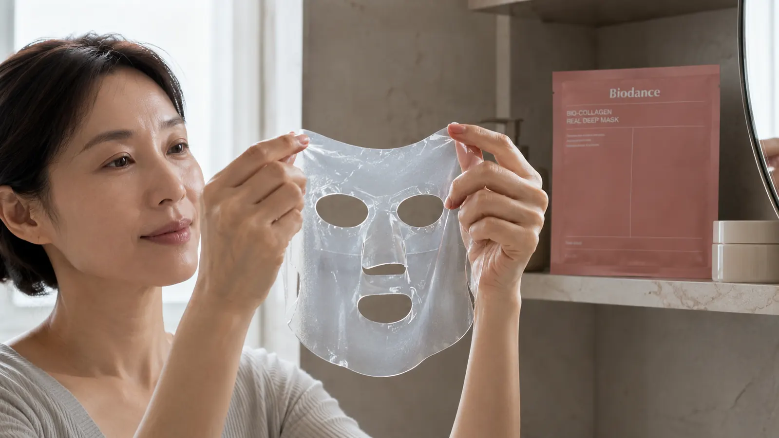 BIODANCE PDRN Real Deep Mask hydrogel sheet in hands, showing gel texture
