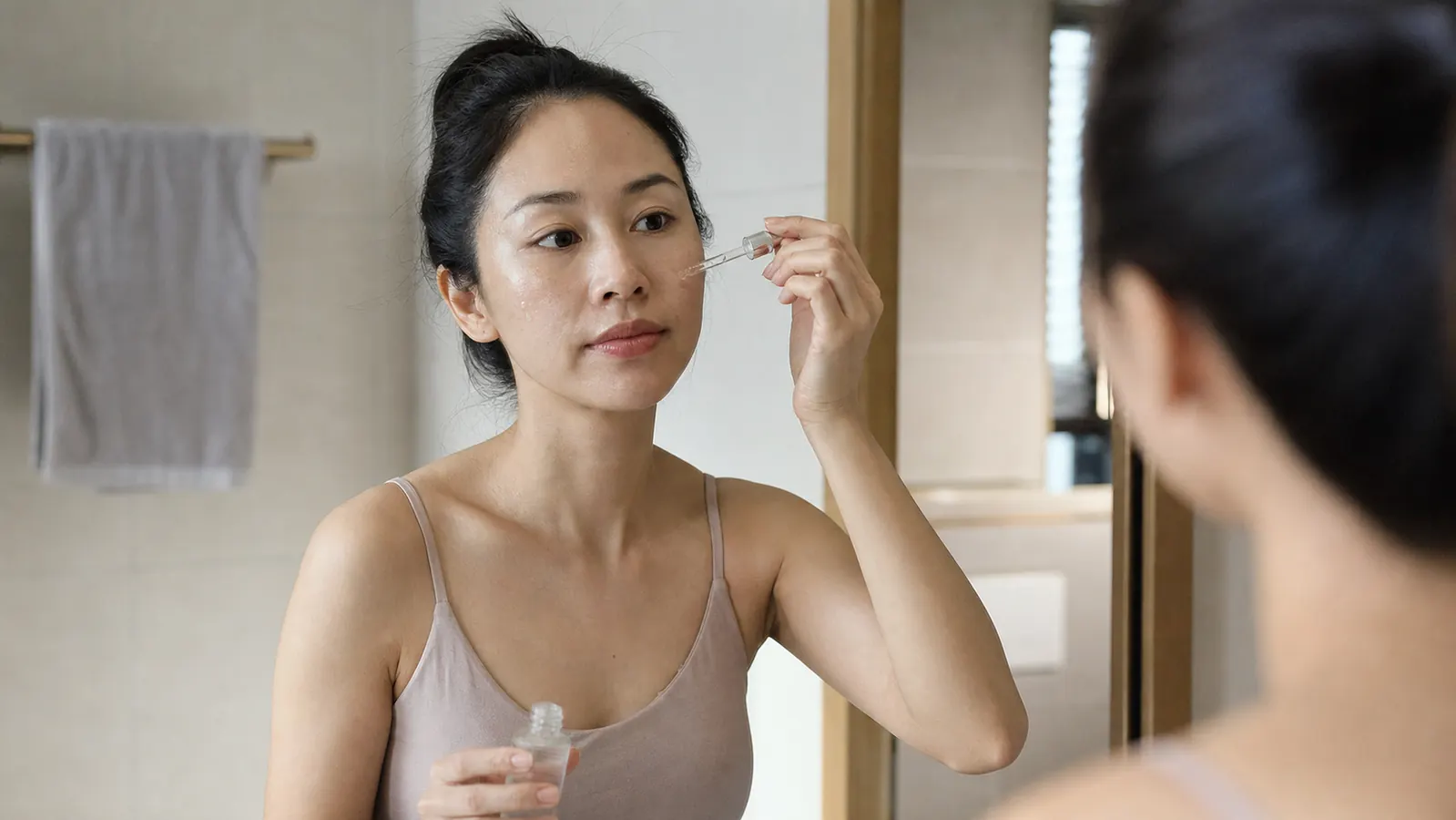Woman with glowing, hydrated skin applying a serum in front of a mirror, soft natural light from a window beside her