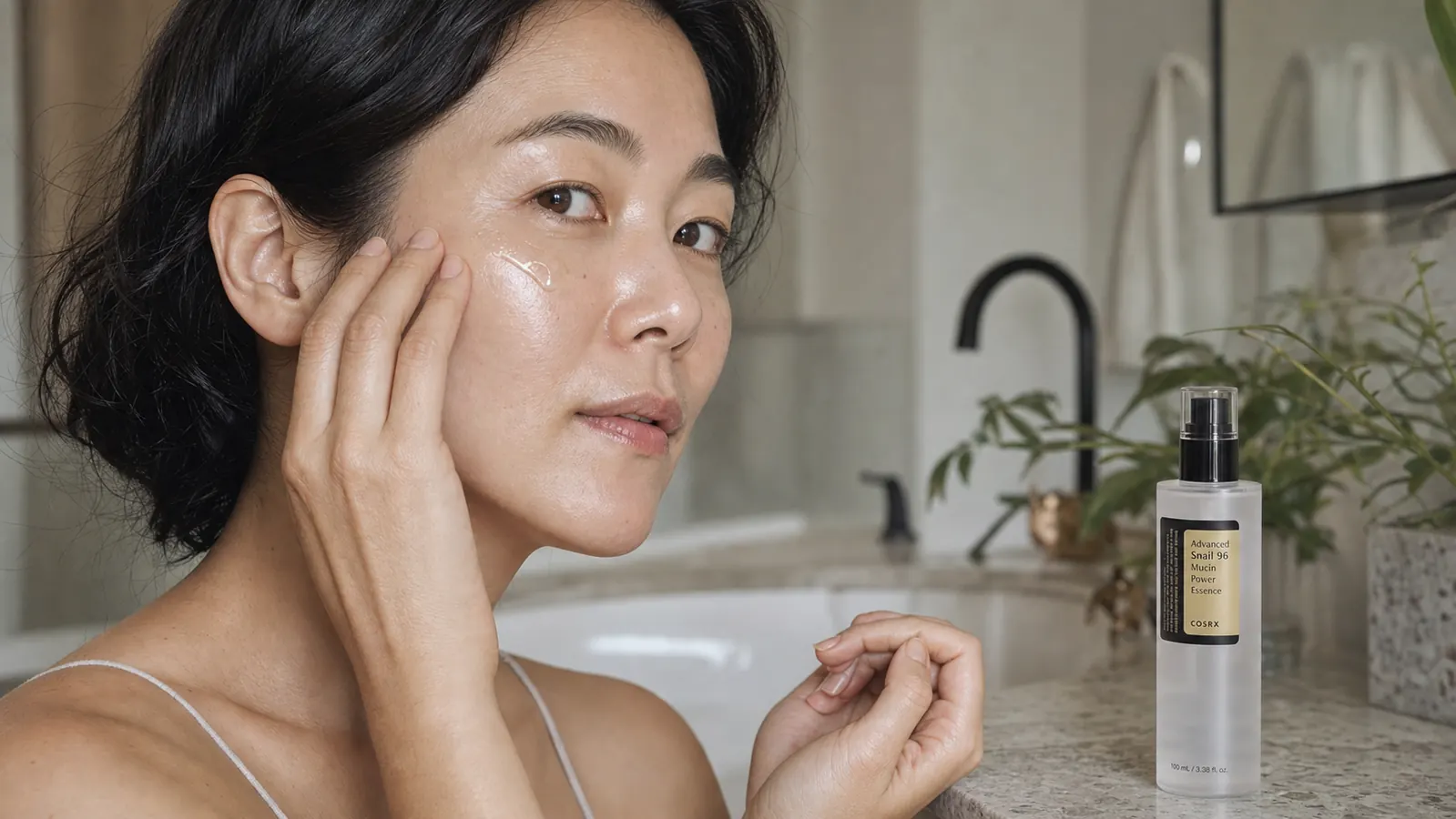 Close-up of a woman applying a clear gel serum to her cheek with two fingers