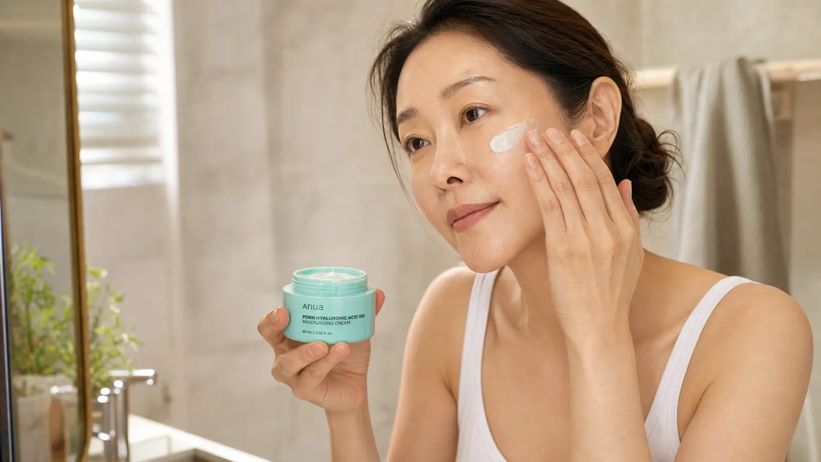 Close-up of a small white jar of Anua PDRN cream being held in a woman's palm, bathroom countertop in background