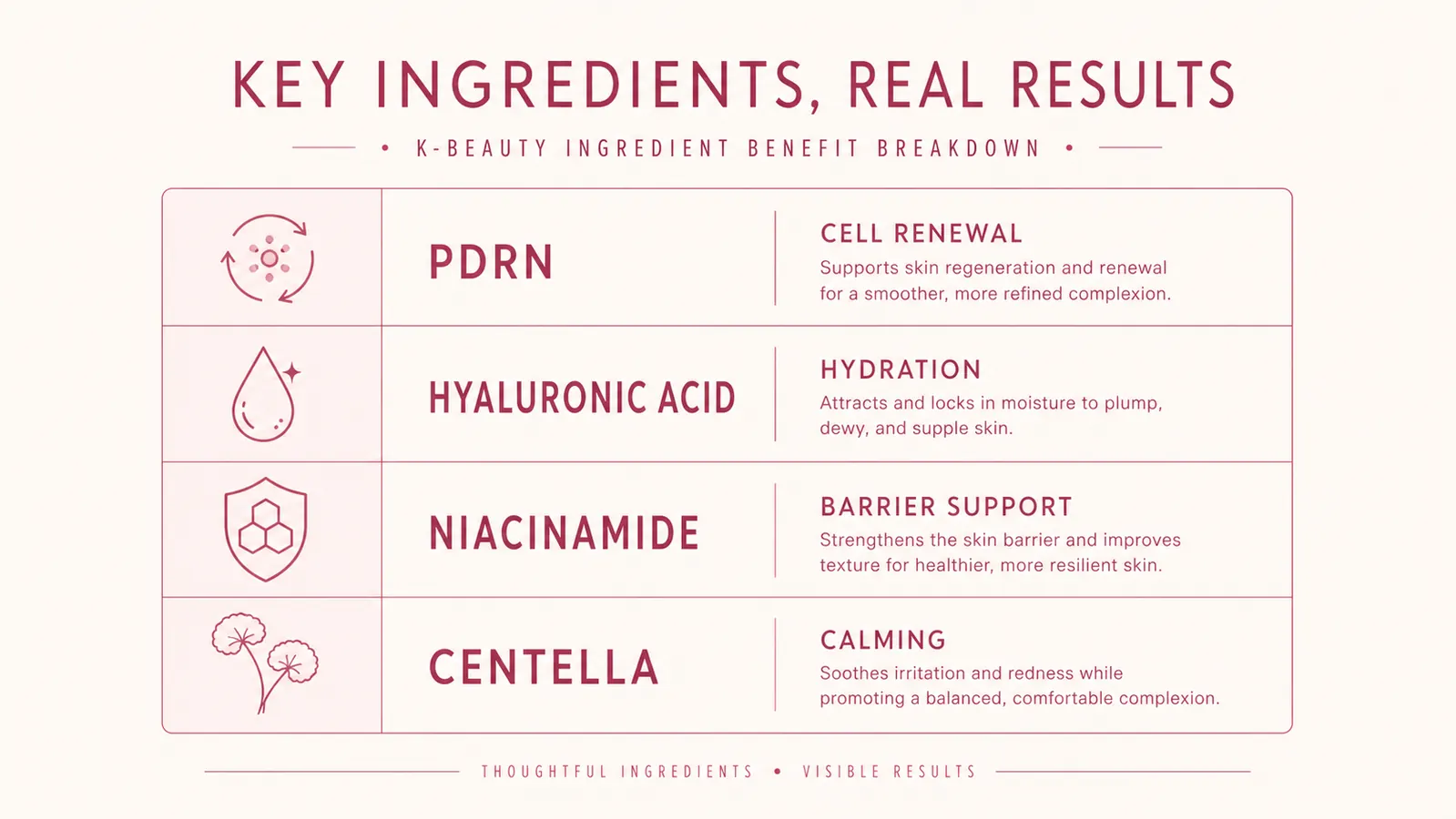 Skincare ingredient comparison chart showing PDRN, hyaluronic acid, niacinamide, and ceramide benefit categories