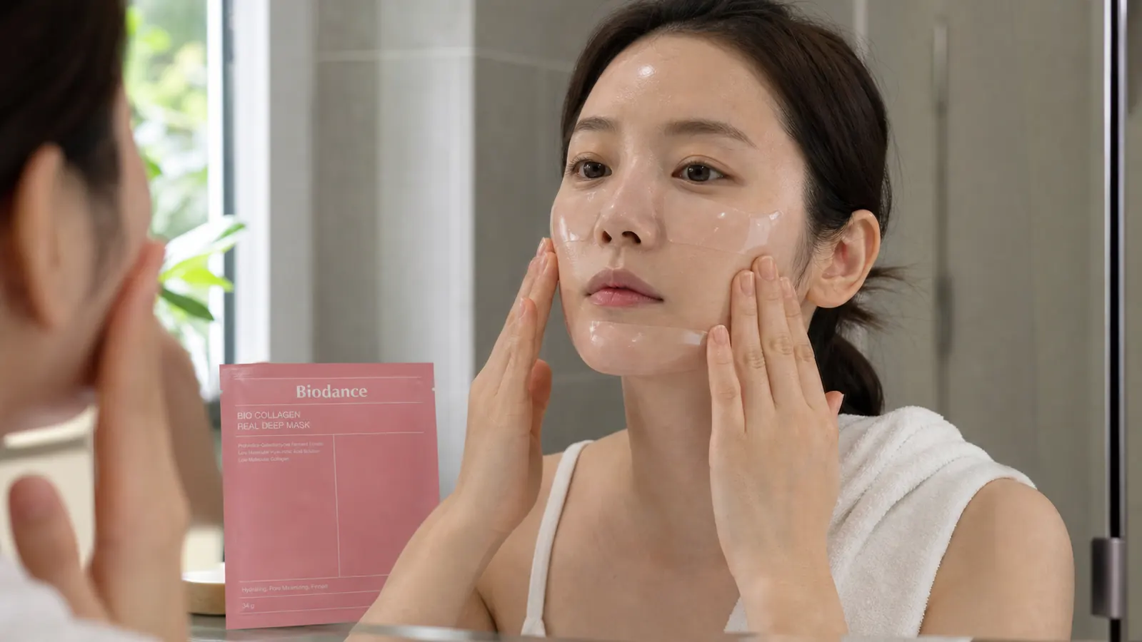Woman pressing a hydrogel face mask gently onto her cheeks in front of a bathroom mirror