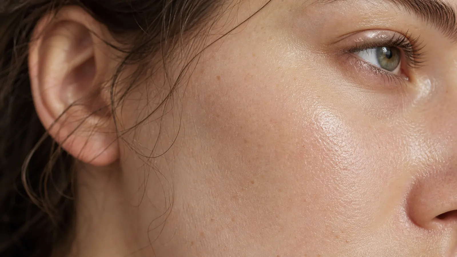 Glowing, dewy close-up of cheek skin with soft morning light, no makeup