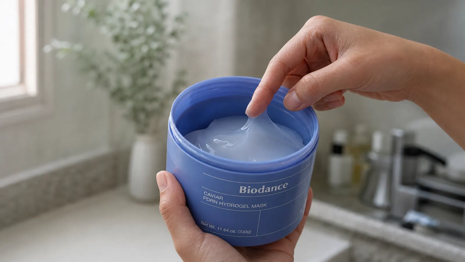 Close-up of BIODANCE PDRN mask tub open, showing gel texture inside, held by a woman's hand
