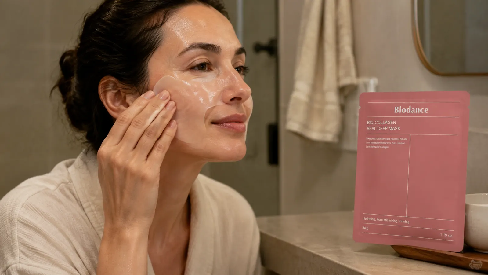 Woman peeling open a BIODANCE hydrogel mask packet and pressing the translucent mask onto clean skin in a softly lit bathroom