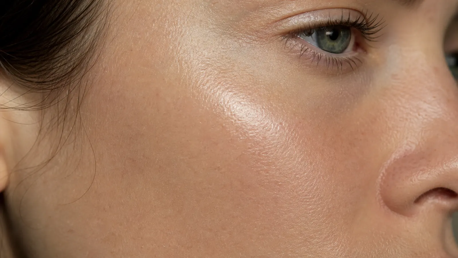 Close-up of skin texture on a cheekbone looking plump, dewy and firm after overnight masking