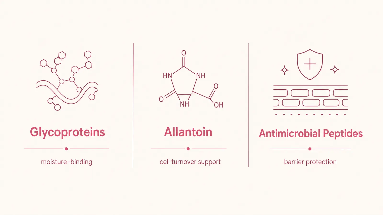 Scientific diagram showing the three key biological components of snail secretion filtrate: glycoproteins, allantoin, and antimicrobial peptides with their skin functions labeled