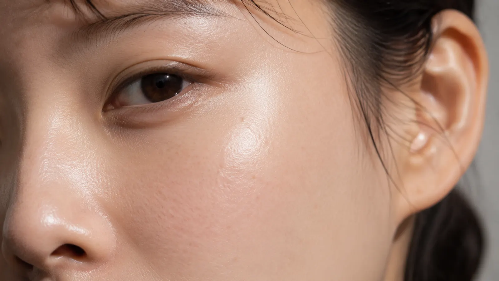 Close-up of glowing, hydrated skin on a woman's cheek with smooth even texture visible