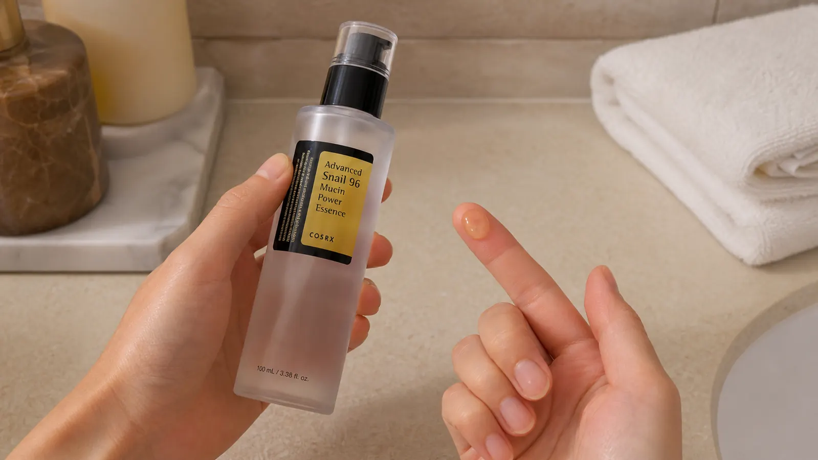 Hand holding the COSRX Snail Mucin 96% serum bottle, showing the amber-tinted gel texture on fingertip