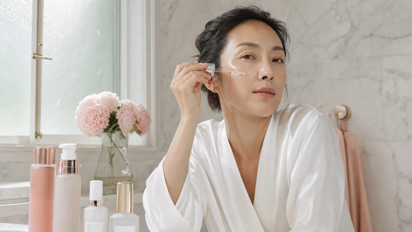 A morning skincare moment at a sunlit bathroom counter, real-skin texture, warm cream and coral tones