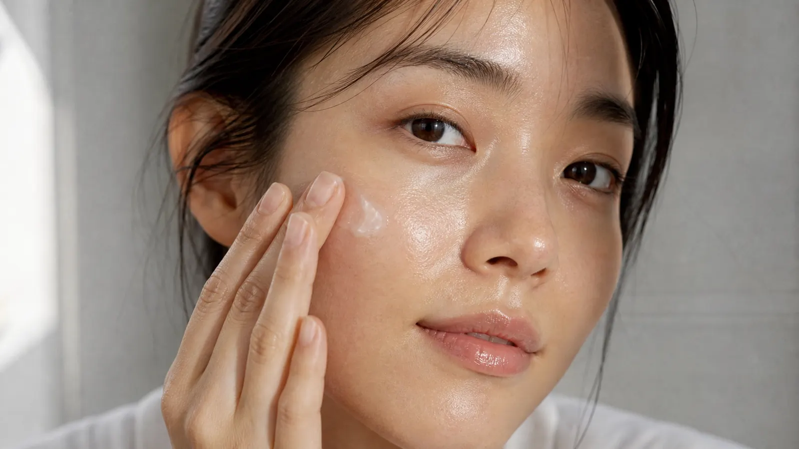 Close-up of a woman gently pressing a cream into her cheek with her palm, skin looks dewy and plump