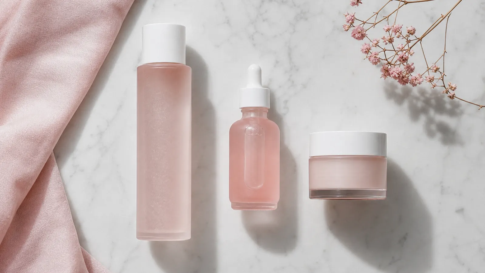 Skincare products lined up in application order on a white surface: toner bottle, serum dropper, and a cream jar
