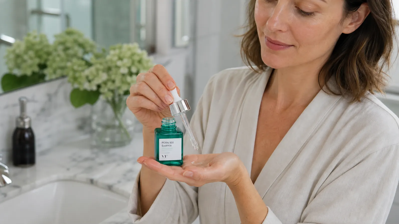 Woman pressing a dropper of PDRN essence onto clean, damp skin, applying it with fingertips to her cheek in a warm bathroom