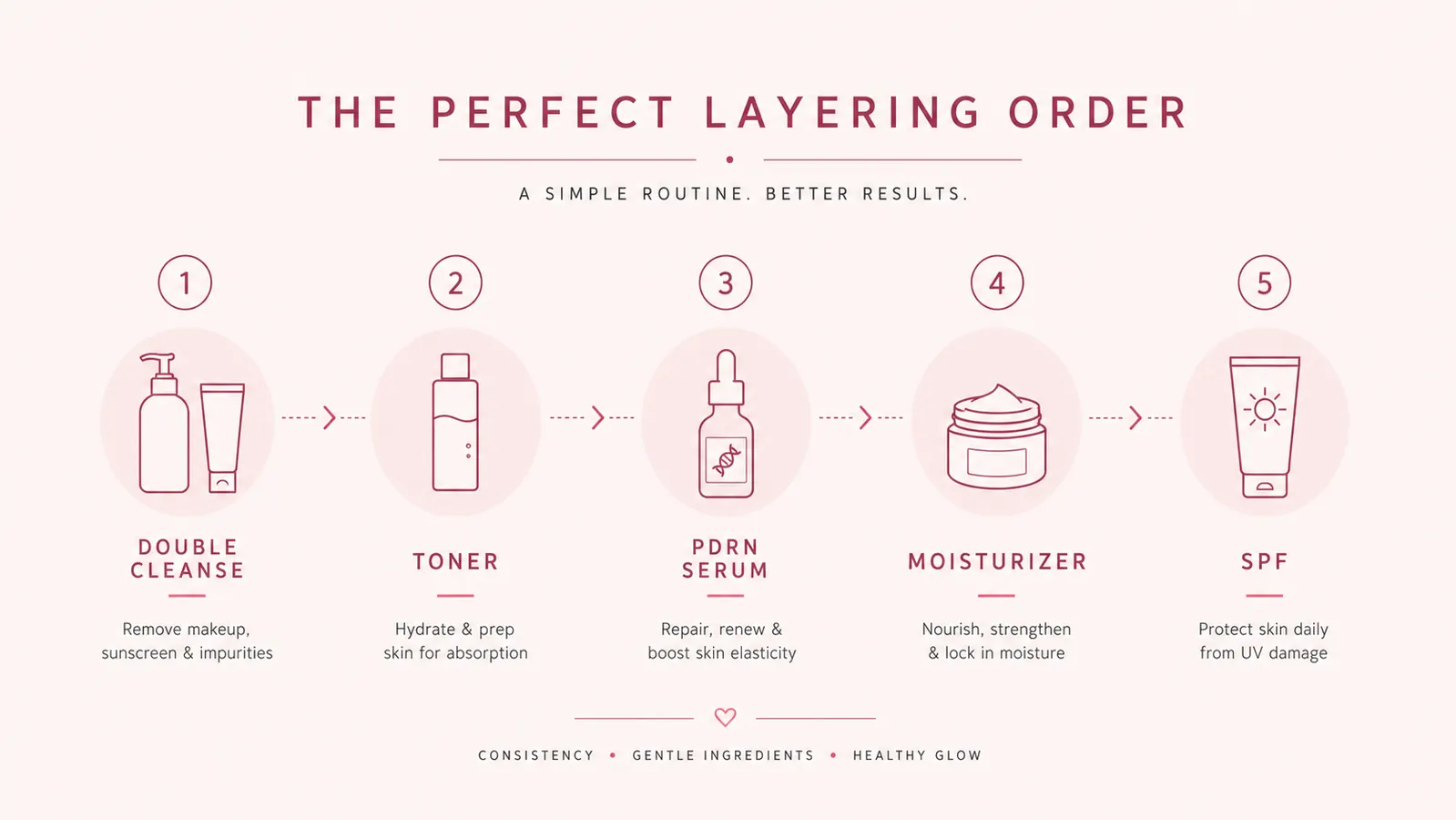 Skincare layering order chart showing the correct sequence from toner to PDRN serum to moisturizer