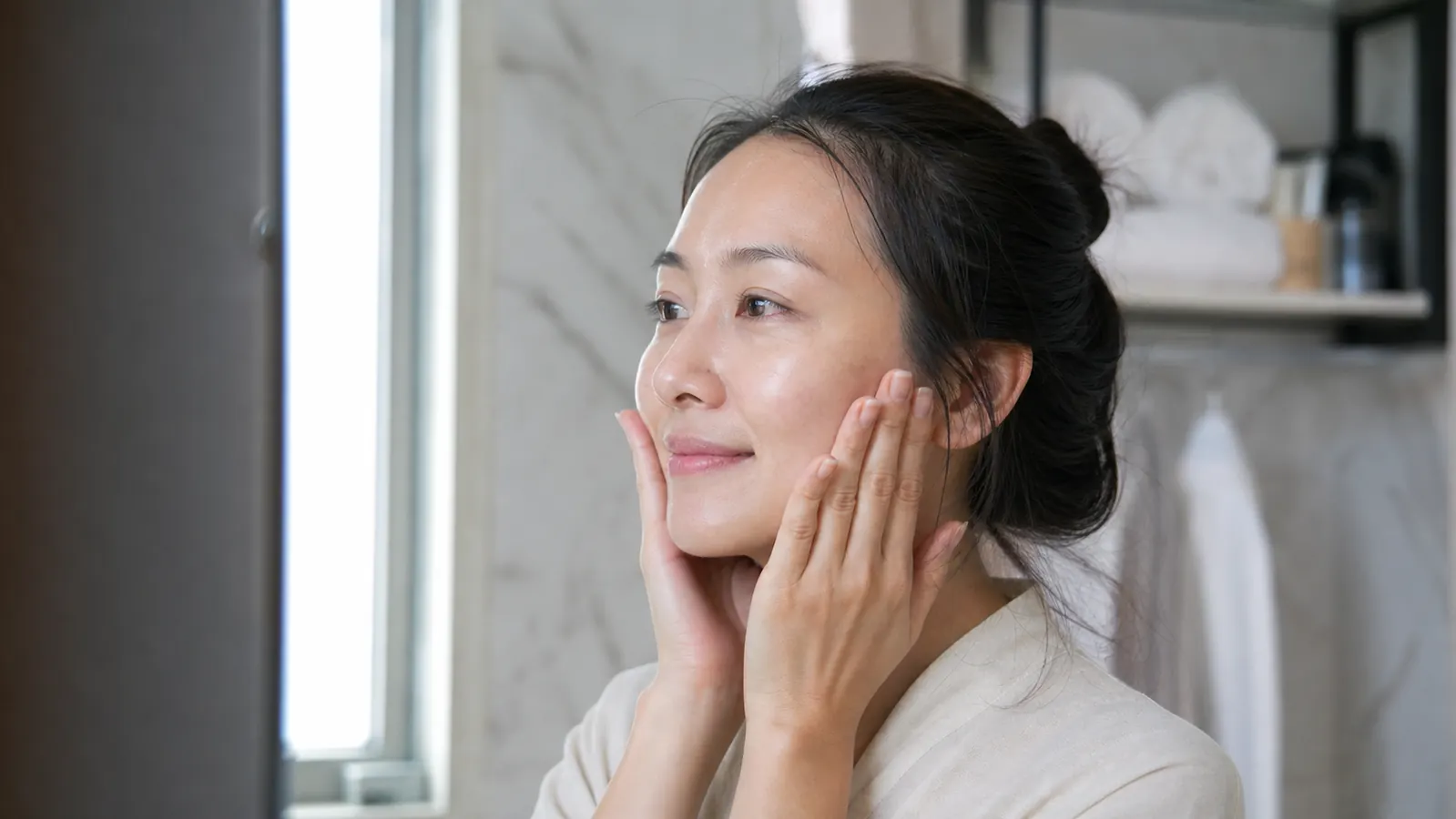 Woman pressing serum into her cheeks with both palms, eyes closed, calm morning routine