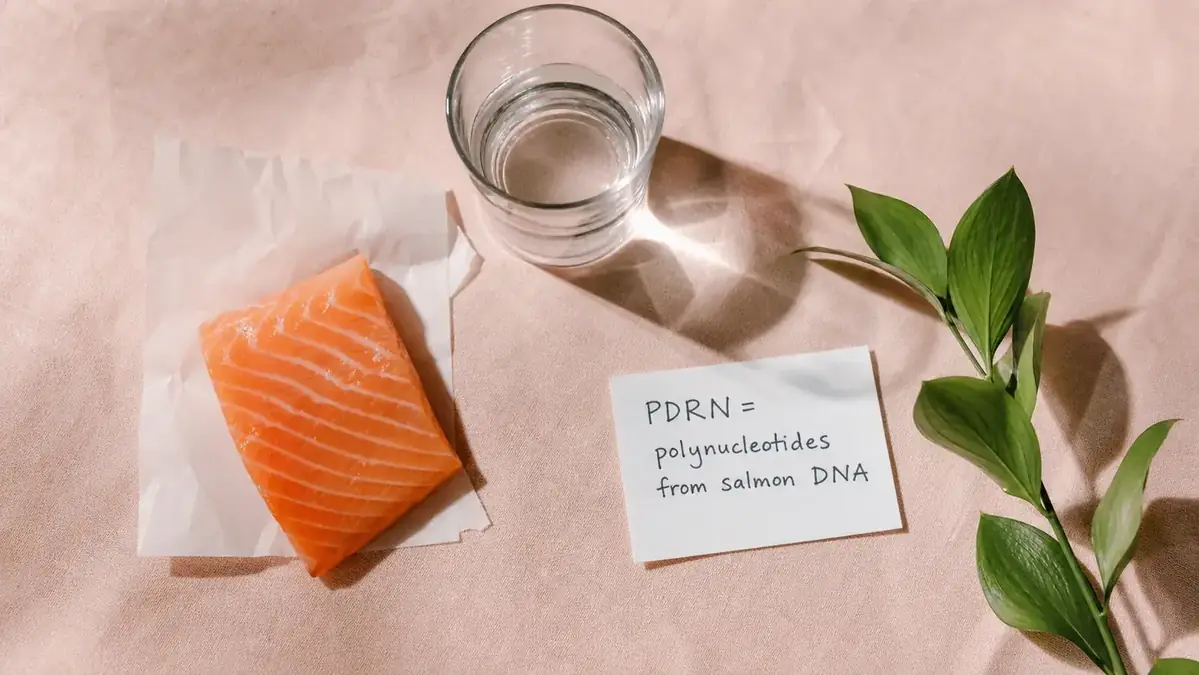 Flat lay comparison of a PDRN serum ingredient label alongside fresh salmon fillet and a glass of water, representing polynucleotide science