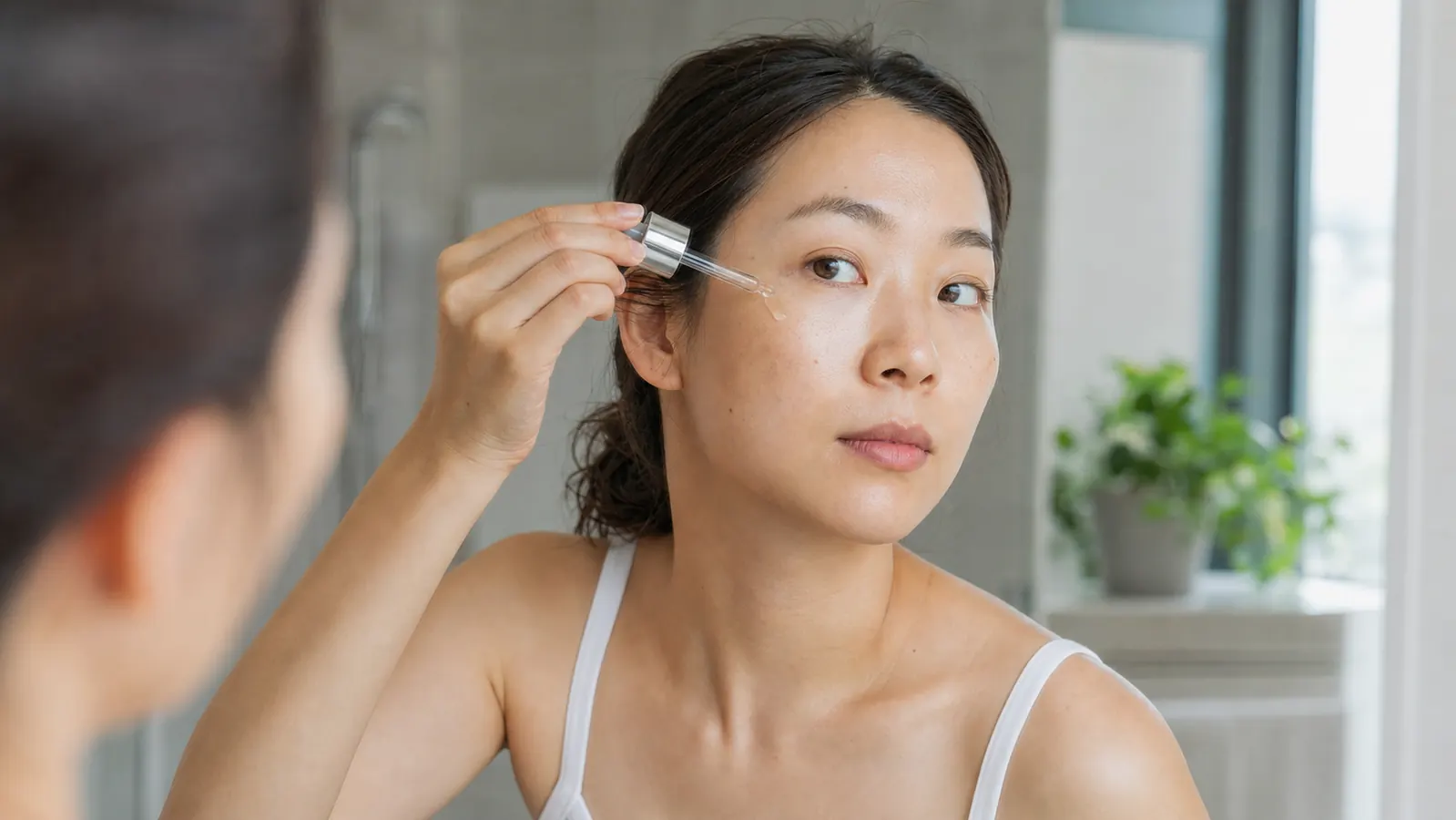Woman in her early 30s applying serum to cheek in a bright bathroom mirror