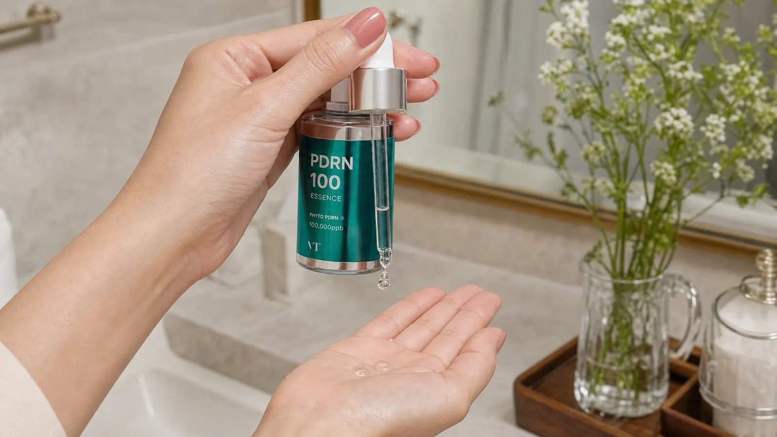 Hand pressing two drops of clear PDRN essence from a dropper onto fingertips over a ceramic bowl