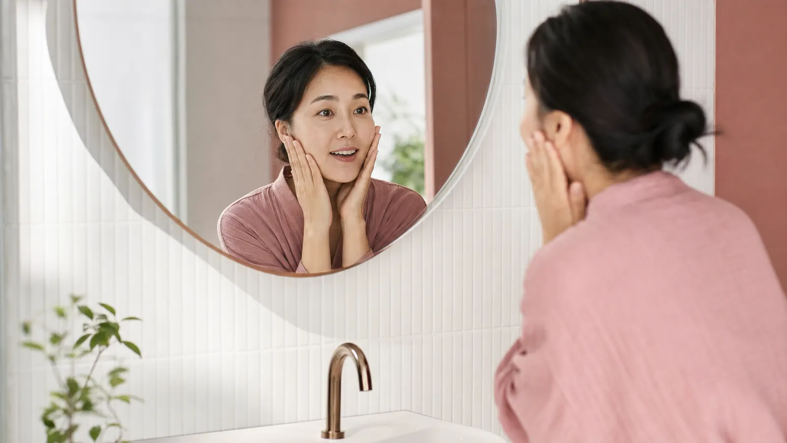 Woman in her mid-thirties looking at her reflection in a bathroom mirror with an expression of quiet satisfaction