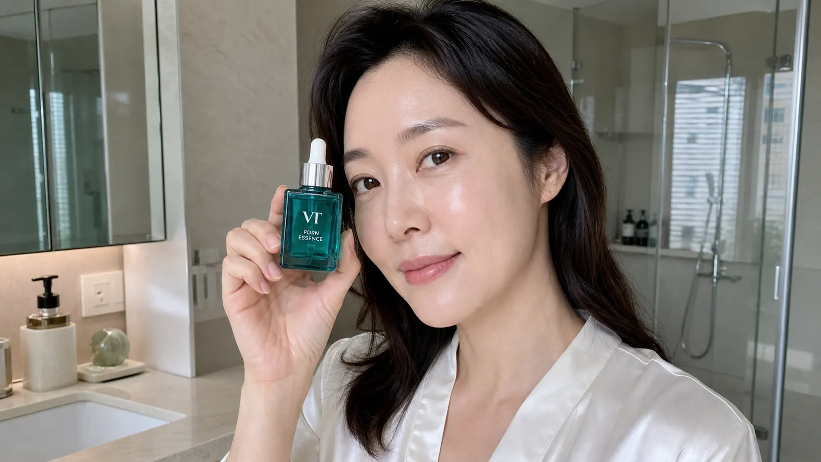 Hand holding a dropper of VT COSMETICS PDRN 100 Essence over a glowing palm, showing the serum texture