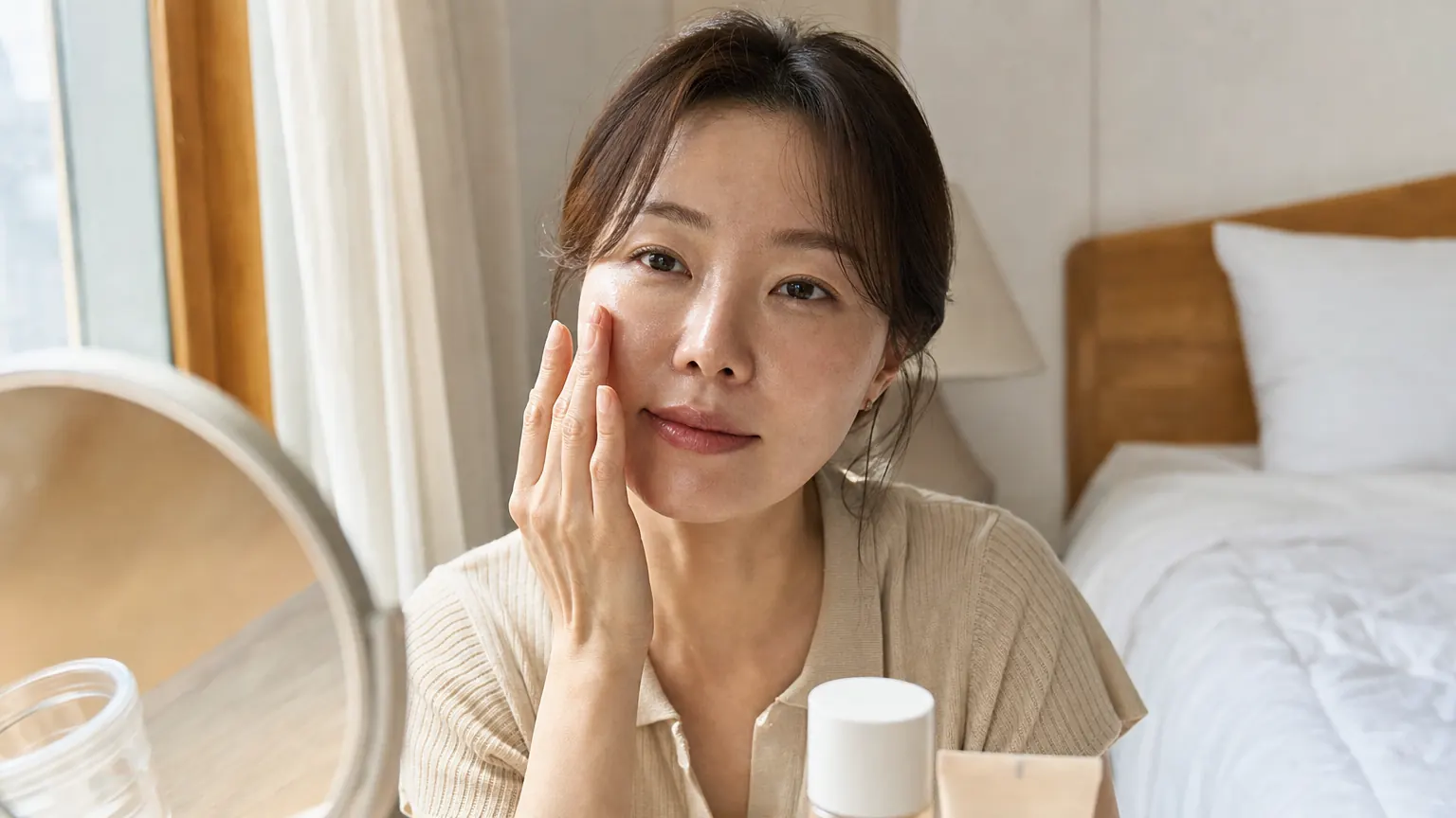 Woman with glowing, dewy skin applying a few drops of essence to her cheek in front of a vanity mirror